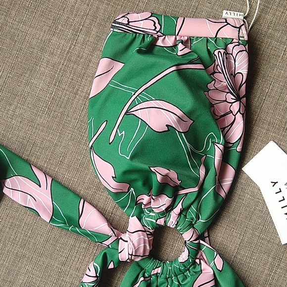 Milly Cabana Luxury Pink and Green Floral Halter Bikini Resort Cheeky Large NWT - Picture 5 of 13